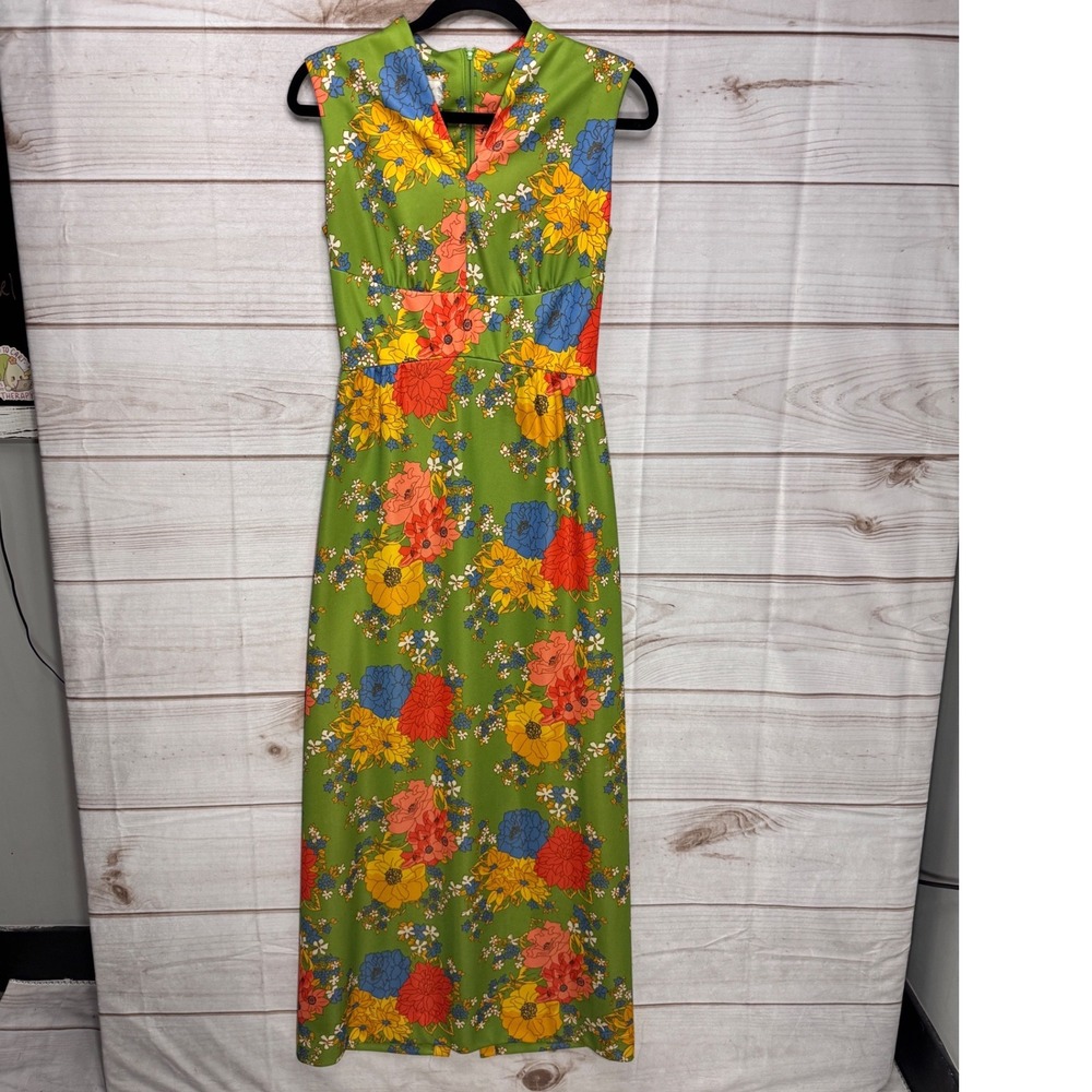 Leslie Fay Original Maxi Dress Women Green Floral Vintage 1970's No Size Tag